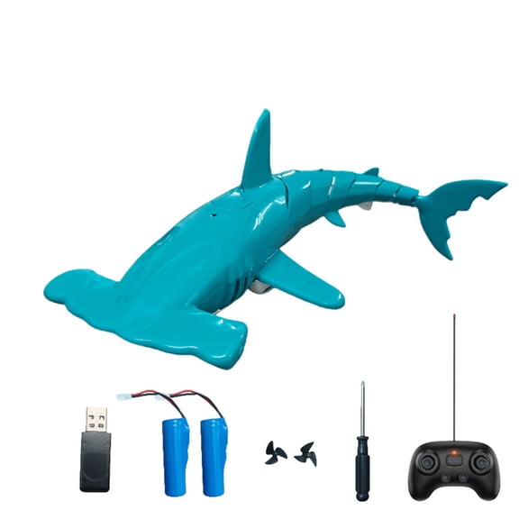 Summer Pool RC Shark Boat, Beach and Summer Submarine Electric 2.4GHz Remote Control Shark Model with Diving Function Water Spray Swimming for Lake Water- Cyan / 2 Battery