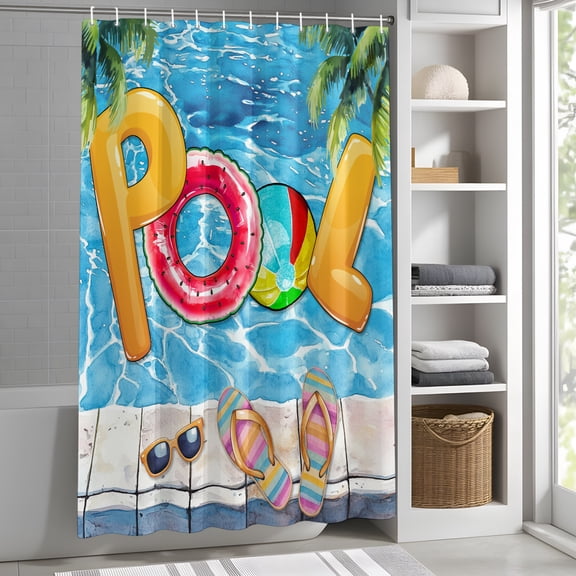 Summer Pool Shower Curtain for Bathroom, Flip Flops Palm Tree Fabric Shower Curtain Set with Hooks, Waterproof Washable Bath Curtain for Bathroom Decor, 36"x72"