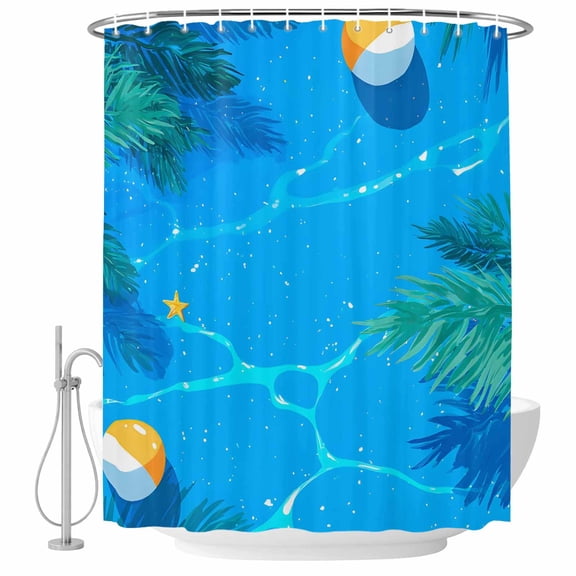 Summer Pool Shower Curtain Set - Small 36" x 72" Washable Bathtub Curtain with 12 Hooks, Tropical Palm Tree Leaves Beach Blue Waterproof Fabric Stall Shower Curtains for Bathroom/Bathtub Décor