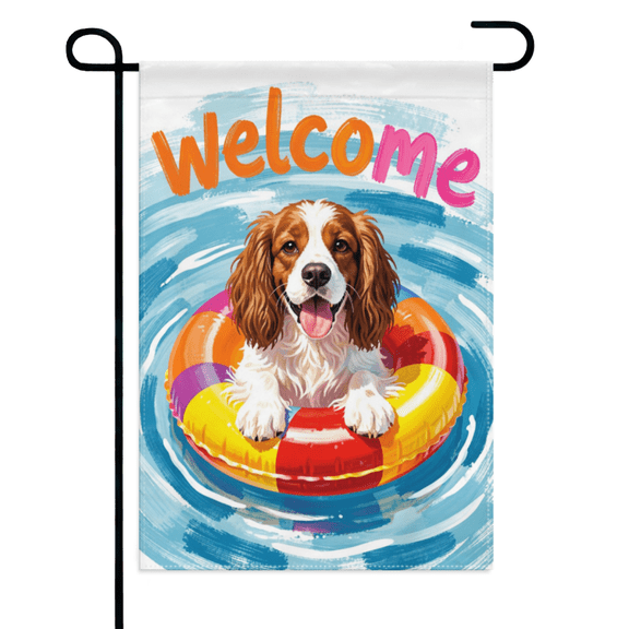 Summer Pool Spaniel Garden Flag 12×18in Double Sided, Floating Ring Puppy Yard Banner, Cool Seasonal Decor for Lawn Patio Courtyard Farmhouse Outdoor Leisure Space