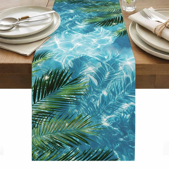 Summer Pool Table Runner Tropical Palm Leaves Sunlight Ripple Tablerunners 13 x 36 Inch, Table Decorations Tabletop Scarf for Summer Gathering Holiday Farmhouse Kitchen Dining Decor