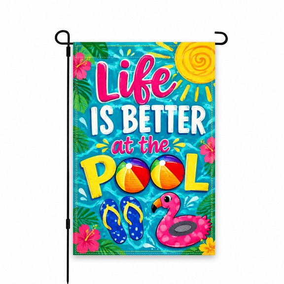 Summer Pool Themed Garden Flag, Colorful Beach Balls & Flamingo Design, 12 x 18 Inch, Perfect for Poolside Patio, Yard or Porch Outdoor Decor