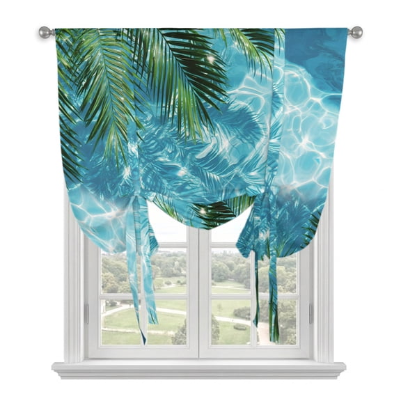 Summer Pool Tie Up Curtains for Window, Thermal Insulated Balloon Shade Adjustable Rod Pocket Curtains Valance Panels for Kitchen Bathroom Cafe 34 x 45 Tropical Palm Leaves Sunlight Ripple