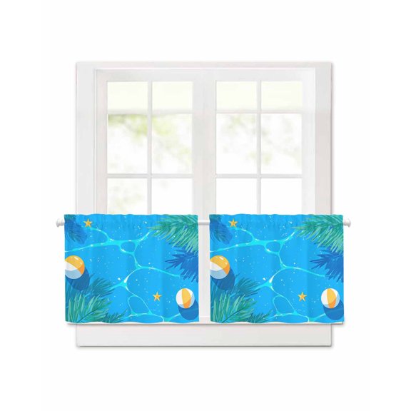 Summer Pool Water Palm Leaves Short Blackout Curtains 24 Inch Long,Beach Balls Starfish Rod Pocket Kitchen Curtains,2 Panels Thermal Insulated Room Darkening Drapes for Bedroom,30"W x 24"L