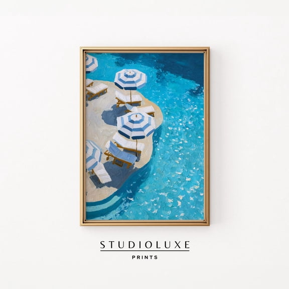 Summer Poolside Parasols Nautical Coastal Turquoise Pool Scene Lounge Chairs Stylized 434 Poster Unframed Paper Print