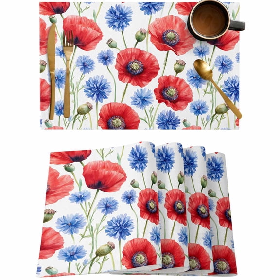 Summer Poppy Blue Flower Placemats Set of 4,Wipeable Washable Table Mats for Dining Tables,Field Bloom Floral Seamless Place Mats for Kitchen Event Party Tabletop Decor
