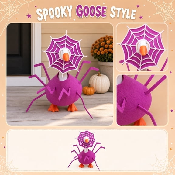 Summer Porch Goose Outfit, Purple Spiderweb-Themed Hat & Dress Set for 7-Inch Decorative Goose Statues, Holiday-Themed Whimsical Tabletop Decoration for Home & Office