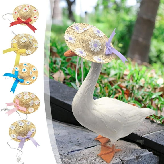 Summer Porch Goose Outfits, Goose Outfits Hat with Adjustable Strap Mini Porch Goose Headwear for Statue, Mini Straw Hats for Plastic Goose 23/17'' Lawn Patio Statue Purple