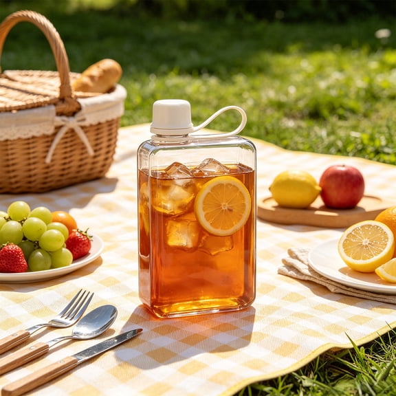 Summer Portable Square Flat Transparent Water Bottle with Leakproof Lid and Hand Strap, High/Low Temperatures-resistant Cup, for Daily Water Beverage Coffee Tea Drinking Needs