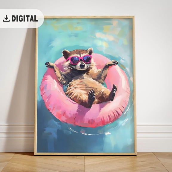 Summer Poster, Pool Party Decoration, Racoon Beach, Coastal Animal Wall Art, Unframed Poster Size 8x12