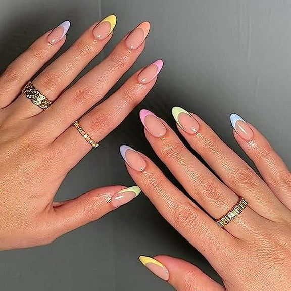 Summer Press on Nails Short Almond Fake Nails Multicolor French Tip False Nails with Design Glossy Reusable Artificial Nails for Women Daily Wear Manicure Decoration Natural Stick on Nail Glue on Nai