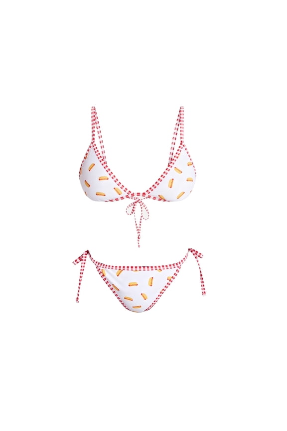 Summer Print Reversible Triangle Halter Bikini Set,Women's 4th Of July Hot Dog Print Summer Swimsuit 2-in-1 Bathing Suit,XS-XL