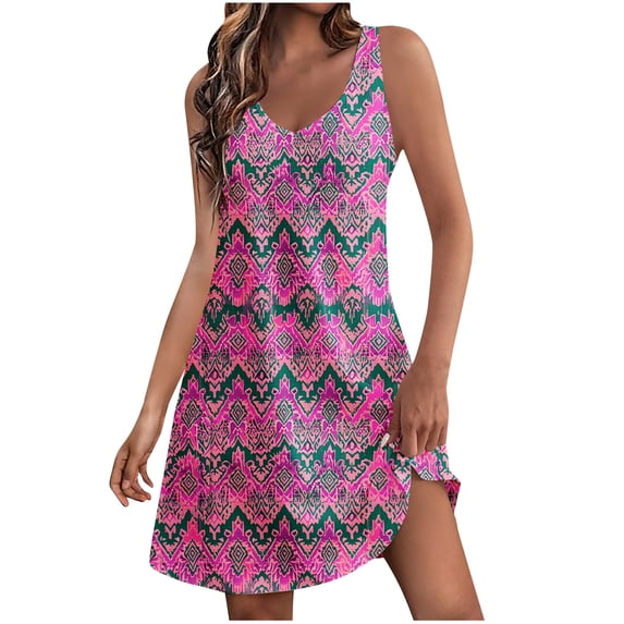 Summer Printed Sundress for Women 2025 Fashion V-neck A-line Mini Dress Casual Pleated Tank Dresses for Beach Resort
