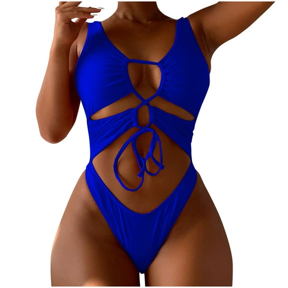 Summer Promotion UTSJKR Front Tie Bathing Suit for Women Smocking Tie Corset Swimsuits Summer Y2K Cutout 1 Piece Bathing Suit High Cut Bikini Blue S