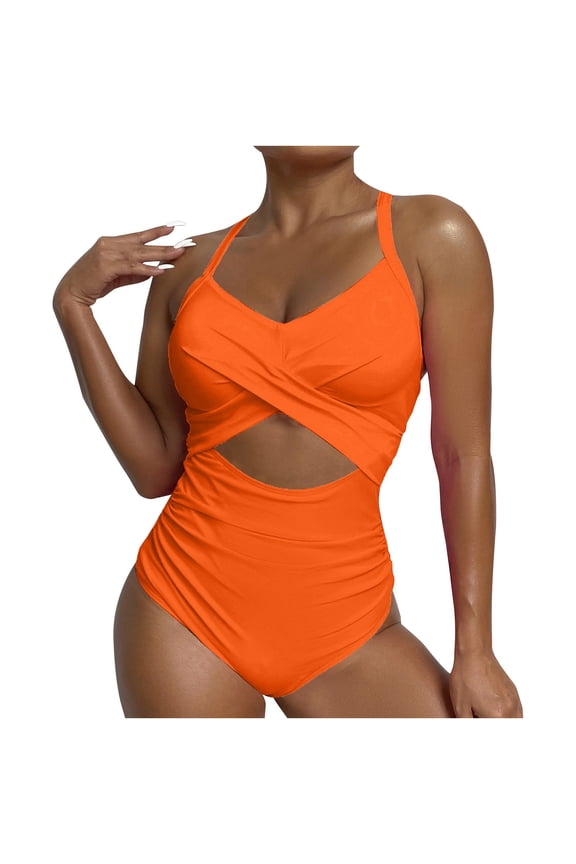 Summer Promotion UTSJKR Women's Ribbed One Piece Swimsuit Tummy Control High Cut Bathing Suit Sexy V Neck Criss Cross Monikini Orange 10