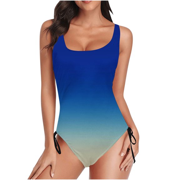 Summer Promotion UTSJKR Women's Tummy Control Swimsuits Ombre Color Racer Back One Piece Bathing Suit Tummy Control High Cut Modest Swimswear Blue XXL