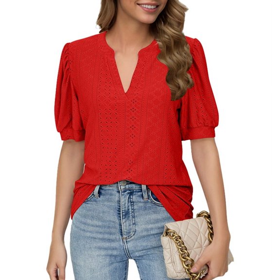 Summer Puff Short Sleeve Shirts for Women Loose Fit Eyelet T Shirt V Neck Tunic Blouse Hollow Out Work Tops Red L