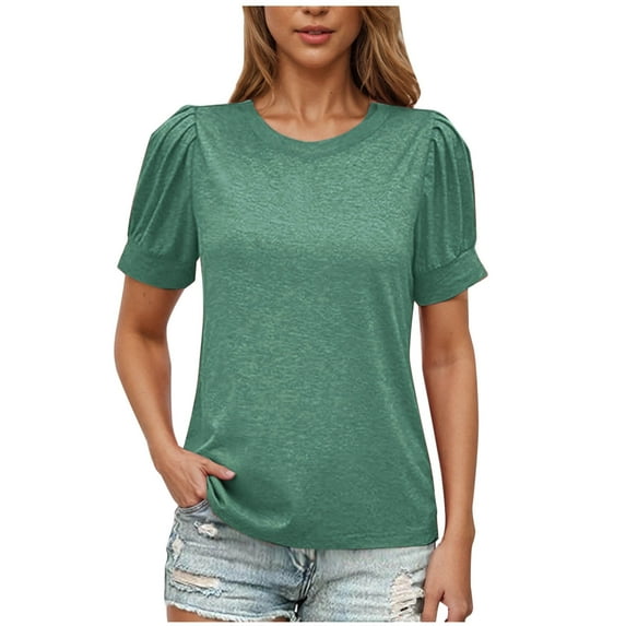 Summer Puff Sleeve Pleated Shirts for Women Crew Neck Tunic Tops Pure Basic T-Shirt Loose Fitted T Shirts Trendy Dressy Tee Shirts Holiday Beach Party Blouses