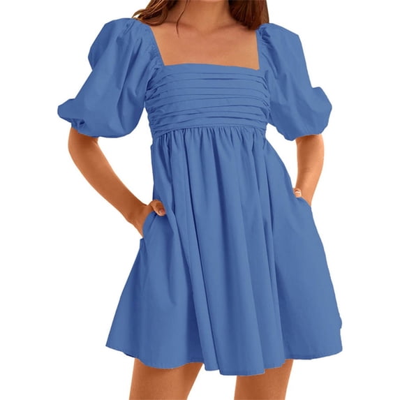 Summer Puff Sleeve Women Square Neckline Mini Party Dress
