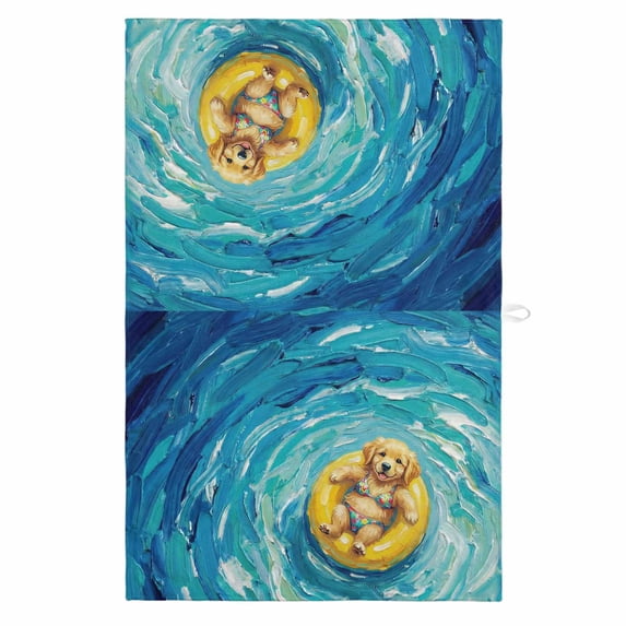 Summer Puppy 1 Pack Kitchen Towel, Water Absorbent Dish Towel, Blue Ocean Oil Painting Swimming Ring Decorative Hand Towels - Quick Drying Cloth for Cooking Baking, 18x28 Inch