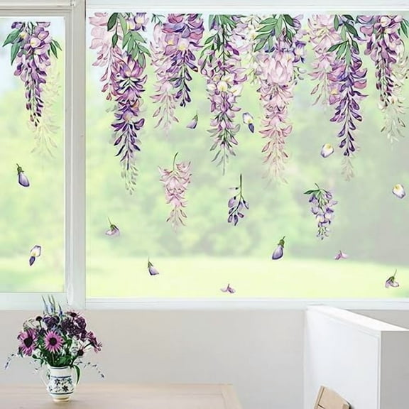 Summer Purple Flower Window Clings Hanging Vine Wisteria Floral Leaf Glass Sticker Decal Anti Collision Double-Side Static Window Decals for Home Glass