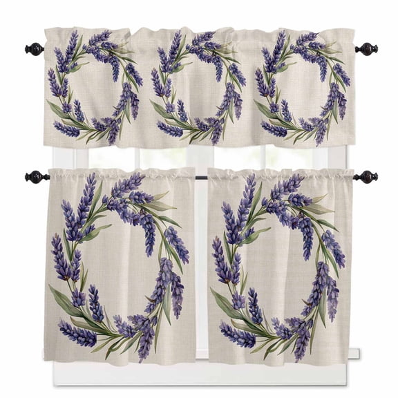 Summer Purple Lavender Wreath Kitchen Curtains Valances and Tiers Set of 3 Country Watercolor Flower Leaf Linen Tier Curtains and Valance for Kitchen Bathroom Small Windows 27.5"W x 36"L (Pack of 3)