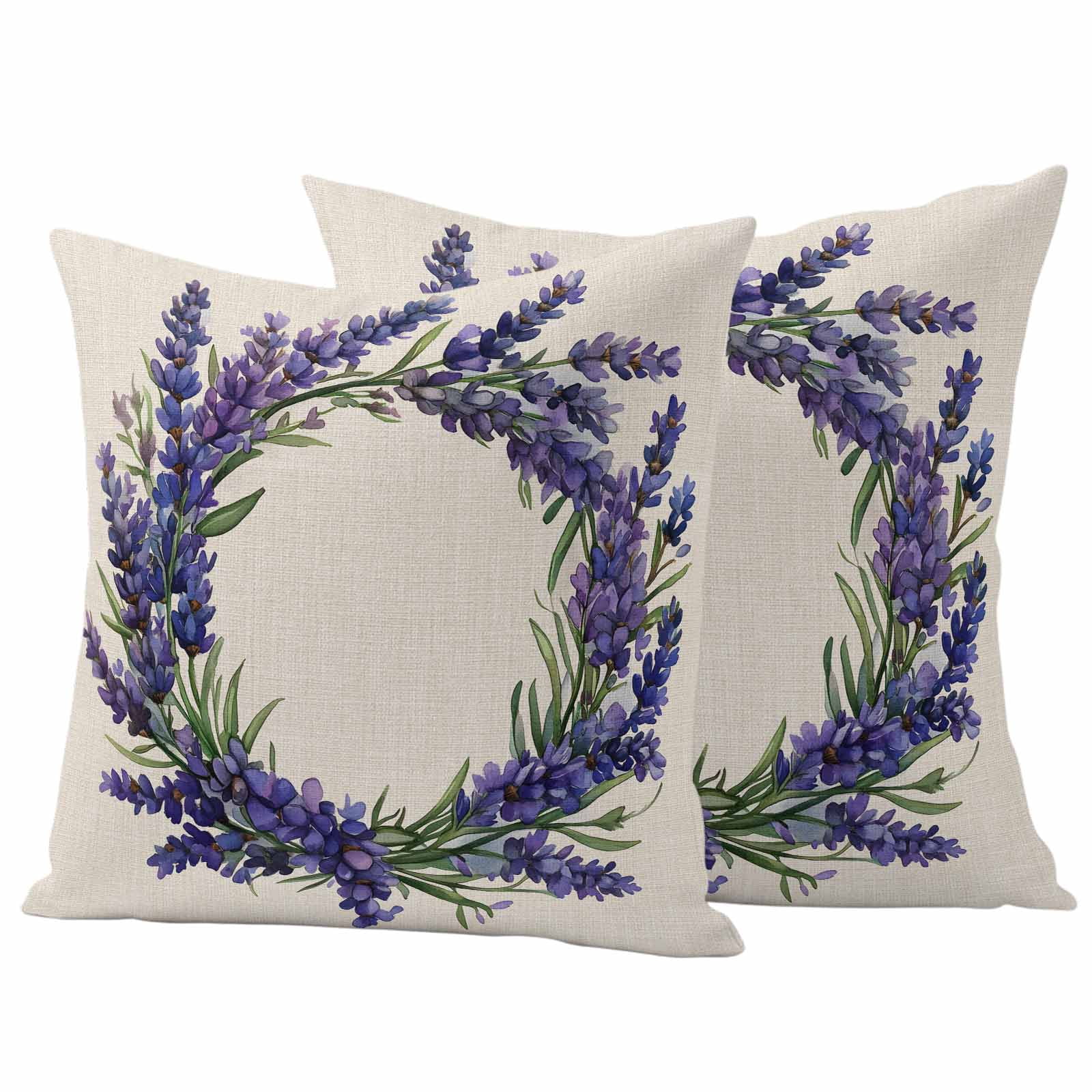 Summer Purple Lavender Wreath Pillow Covers 2 Pack Country Watercolor Floral Leaf Linen Pillowcase Waterproof Outdoor Throw Pillow Cover for Patio Garden Square Cushion 20”x20”