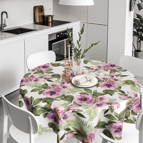 Summer Purple Peony Round Tablecloth 60 Inch Tropical Green Leaf Table Cloth Dust-Proof Washable Floral Flower Polyester Table Cover Rustic Farmhouse Tablecloth for Indoor Party Kitchen