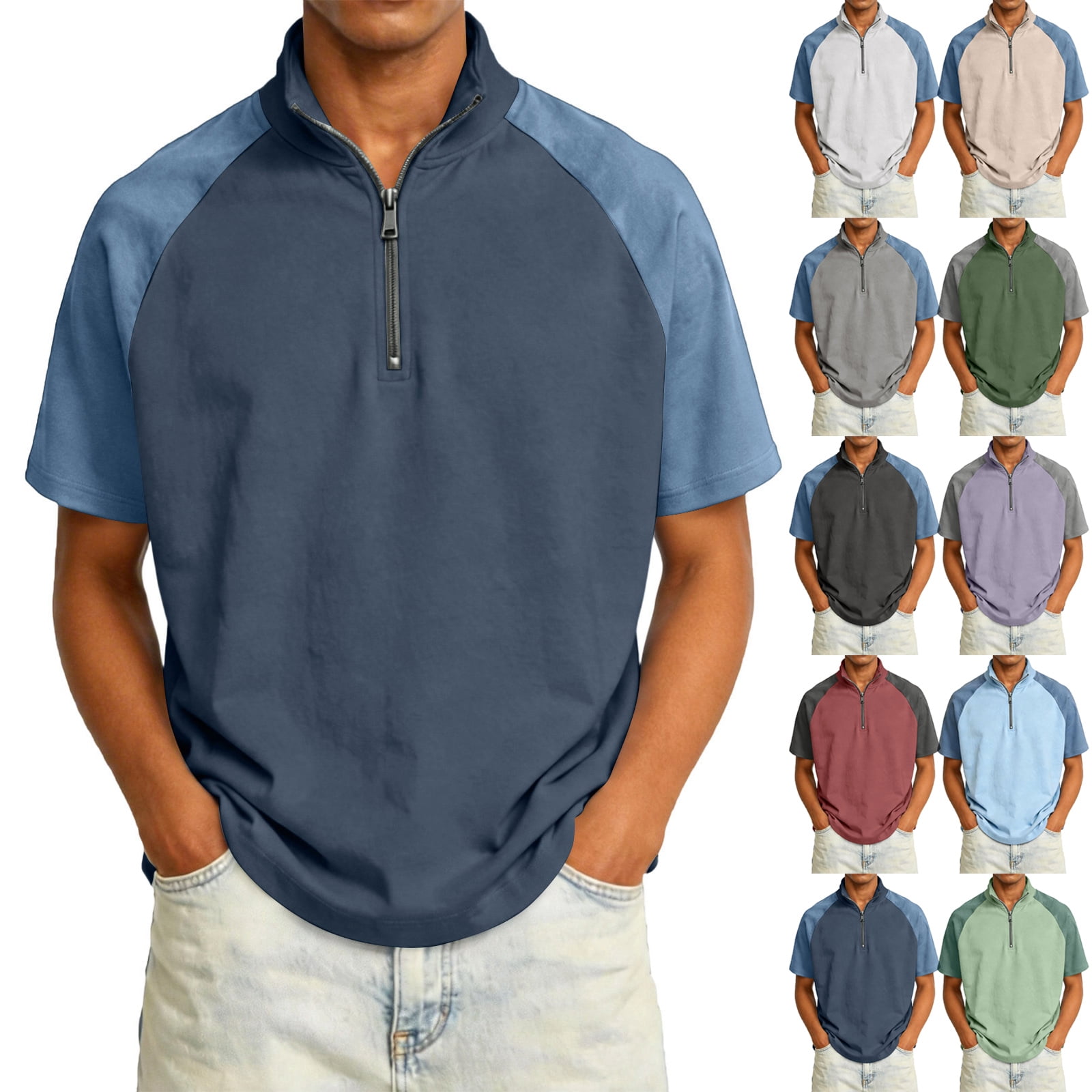 Summer Quarter Zip Pullover for Men Contrast Raglan Sleeve Stand Collar ...
