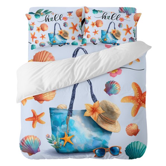Summer Queen Duvet Cover Set, Beach Bag Seashell Starfish Sunglasses Blue 4 Piece Microfiber Bedding Set with Zipper Closure, Bed Sheet and 2 Pillow Shams, Soft Bedding Cover