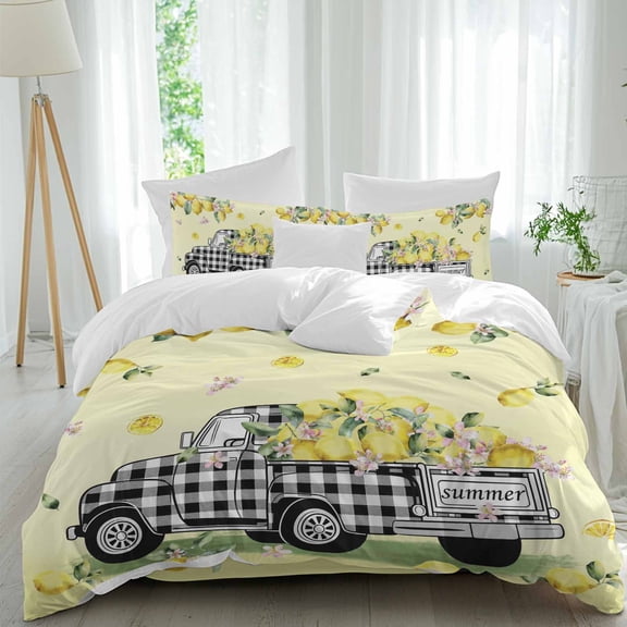 Summer Queen Size Comforter Set, Black Plaid Truck with Lemons Fruit Yellow Theme Bedding for All Seasons, 4 Pcs Bed Set, 1Quiltcover (90"x92") ,1Sheet(94"x116"), 2Pillowcases (30"x20")