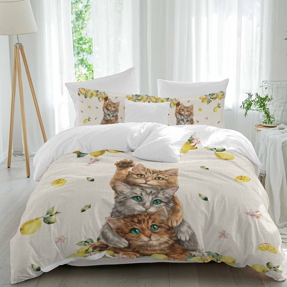 Summer Queen Size Comforter Set, Three Cute Cats with Lemons Fruit Leaves Linen Texture Bedding for All Seasons, 4 Pcs Bed Set, 1Quiltcover (90"x92") ,1Sheet(94"x116"), 2Pillowcases (30"x20")