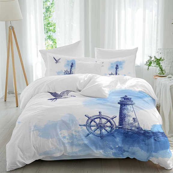 Summer Queen Size Comforter Set, Watercolor Seagull Blue Line Ship Rudder Lighthouse Sea Wave Bedding for All Seasons, 4 Pcs Bed Set, 1Quiltcover (90"x92") ,1Sheet(94"x116"), 2Pillowcases (30"x20")