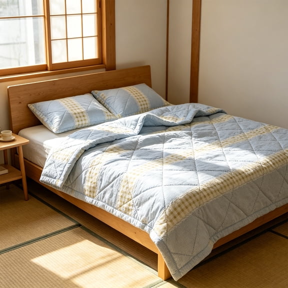 Summer Quilt Gingham Patchwork Floral Comforter Lightweight Reversible Bedspread Quilted Throw Blanket Soft Microfiber Coverlet Bed Blanket Cool Quilt for Hot Sleepers 78"X59"