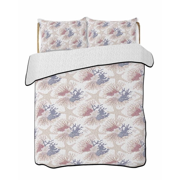 Summer Quilts Bedding Set California King Retro Ocean Shell Starfish Conch Lightweight Quilted Bedspread 3 Piece Bed Quilt with 2 Pillow Shams All Season for Bedroom 96" x 106"
