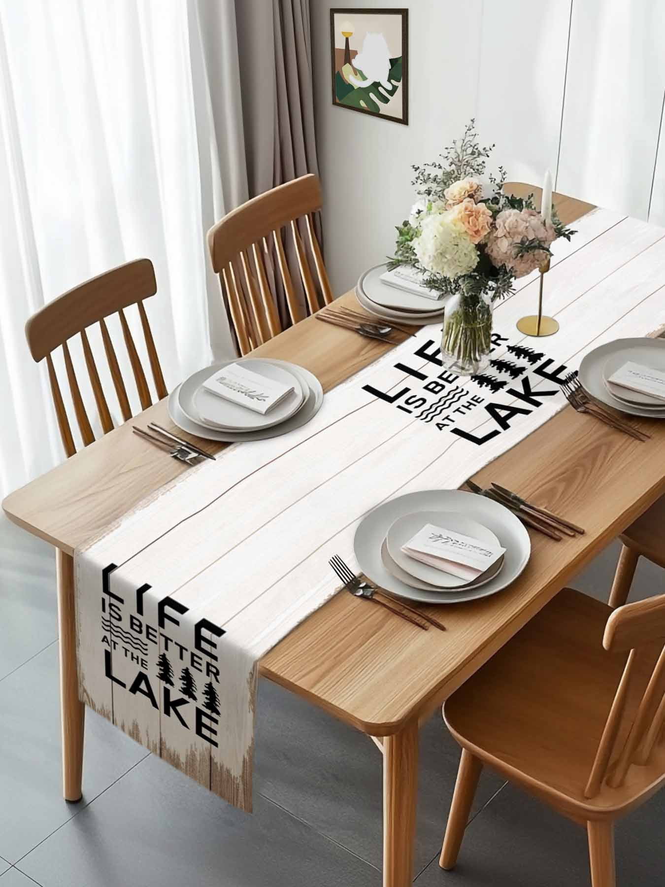 Summer Quotes Lake and Forest Table Runner 90 Inches Long, Farm Wooden Frain Table Runners Tabletop Scarf Kitchen Dining Tables Decoration for Home Party Indoor Outdoor