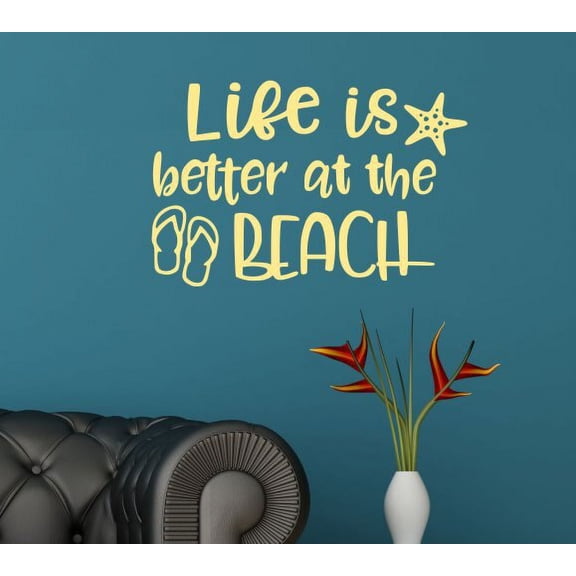 Summer Quotes Wall Decals Life is Better at Beach RV Sticker Letters 23x15-Inch Buttercream