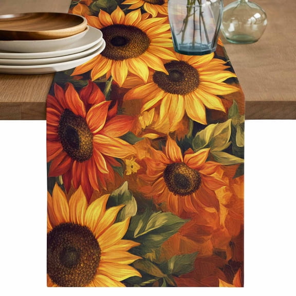 Summer Radiant Table Runner, Sunflower Flower Plants Oil Painting Cotton Linen Kitchen Table Decoration Washable Dining Tabletop Runners for Home Party Decor 13x60 Inches
