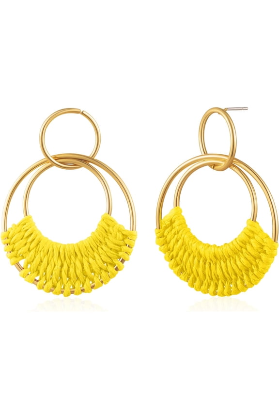 Summer Raffia Round Circle Earrings, Raffia Straw Wrapped Handmade Earring for Women, Style L1487