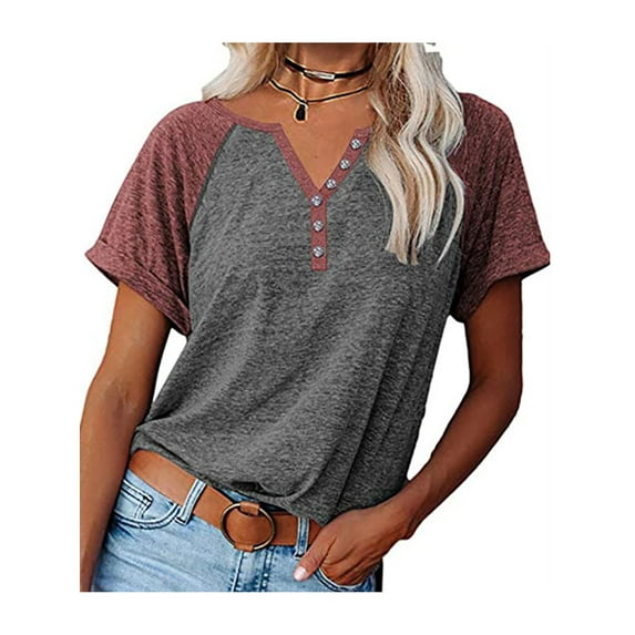 Summer Raglan Short Sleeve Tops for Women Leisure Loose Pullover T-shirt Fashion Henley Tee Ladies Beach T Shirts
