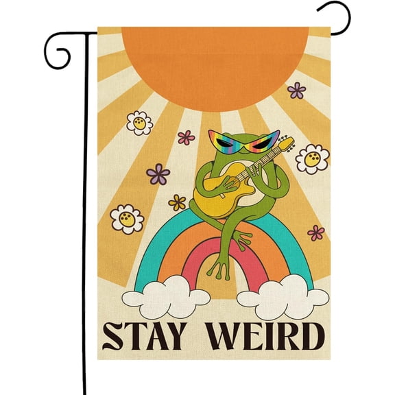 Summer Rainbow Frog Garden Flag, Double-Sided Outdoor Yard Banner, Funny Guitar Frog Design, 12 x 18 Inch