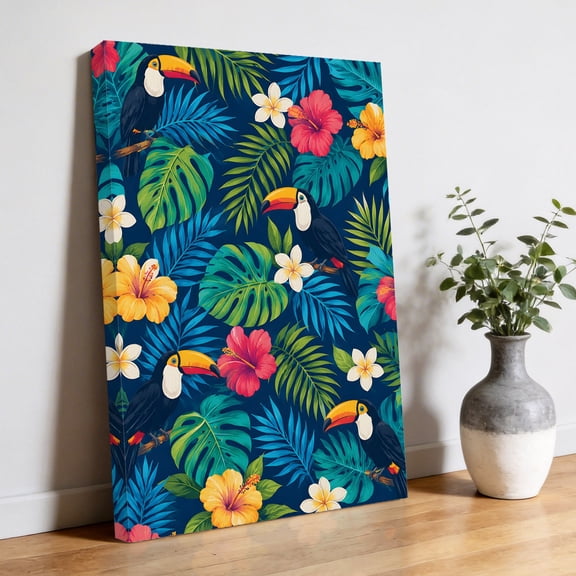 Summer Rainforest Canvas Wall Art, Tropical Island Bird Monstera Leaves Flowers Pictures Wall Decor Wooden Framed Artwork Art Prints for Living Room Hallway Bedroom Office 8"x10"