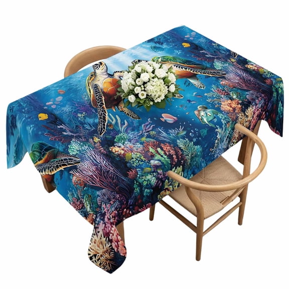 Summer Rectangle Tablecloth Ocean Tropical Fishes Turtle Shark Coral Marine Life Waterproof Wrinkle Free Soft Table Cloth Spill-Proof Washable Table Cover for Dining Party Picnic 60 x 120 Inch