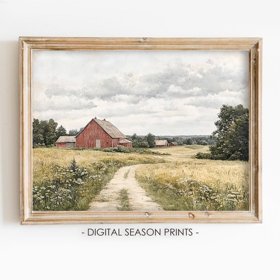 Summer Red Barn Wall Art Print, Rustic Farmhouse Landscape Decor