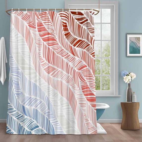 Summer Red Beach Shower Curtains for Bathroom, Modern Abstract Gradient Red Blue Waves Stripe Washable Fabric Shower Curtain with Hooks Waterproof Bathroom Decor Sets, 66 x 72 Inches