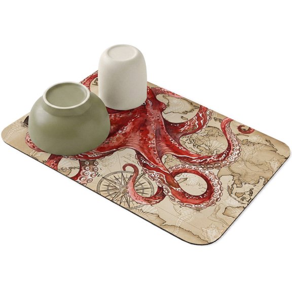 Summer Red Big Octopus Dish Drying Mat,Absorbent Diatomaceous Earth Mats Marine Life on Retro Map Coffee Mat Dishes Drainer Pad for Kitchen Counter Rack Sink Utensils,12x16in