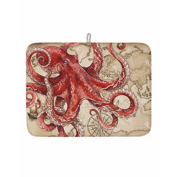 Summer Red Big Octopus Dish Drying Mats for Kitchen Counter,Absorbent Microfiber Dish Drainer Rack Mat Marine Life on Retro Map Drying Pad for Sinks,Utensils,Countertops,18x24in