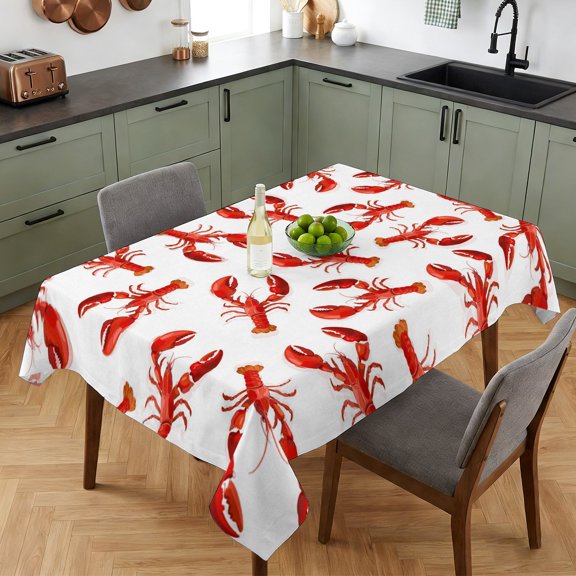Summer Red Crayfish on White Table Cloth 52x70in, Waterproof Rectangle Tablecloth Wipeable Tablecloths Seamless Ocean Life Table Covers for Dining Tables Party Indoor Outdoor