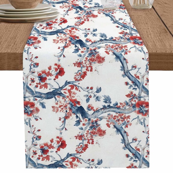 Summer Red Flower Blue Leaves Branch Table Runner-70 Inch Long Retro Floral Table Runners Linen Burlap Tablerunner for Kitchen Dining Room Holiday Party