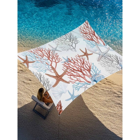 Summer Red Oceans Coral Sun Shade Sail 8' x 10', Nautical Watercolor Sea Starfish Seashell Rectangle Outdoor Sunshade Canopy, Waterproof UV Block Patio Covers for Garden Yard Beach